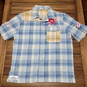 Smoke Rise Blue & Brown Plaid Full Button Shirt w/Embroidery - Size Large